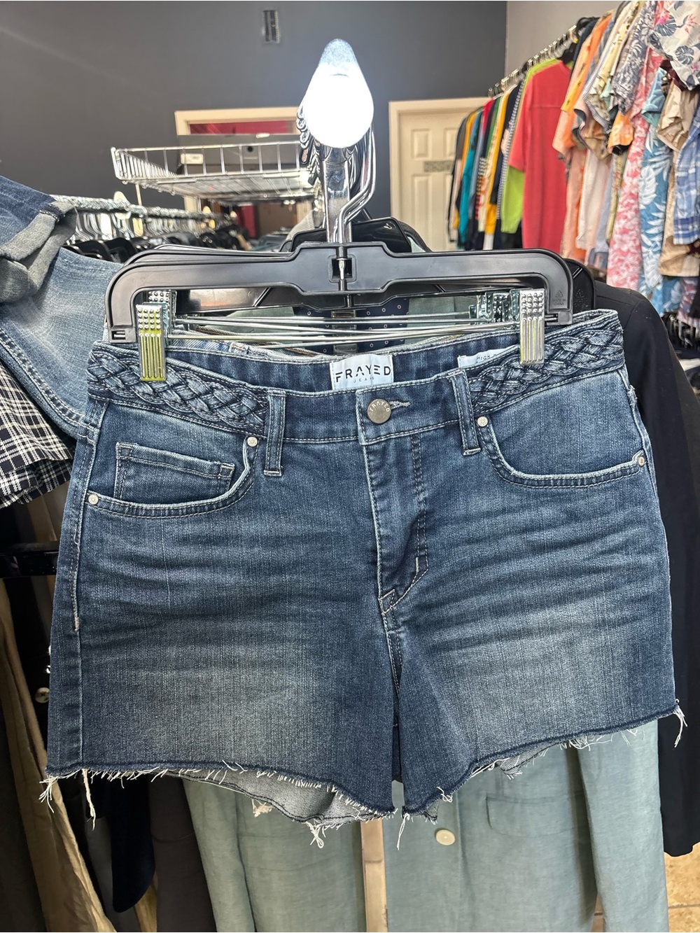 Frayed Braided-Waist Dark Blue Denim Shorts